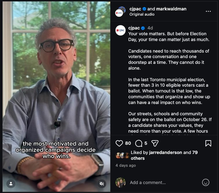 Instagram post from CJPAC and Mark Waldman: Your vote matters. But before Election Day, your time can matter just as much.