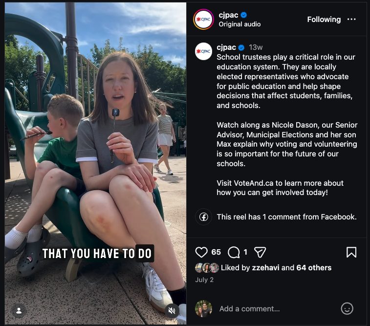 Instagram post from CJPAC: Nicole Dason and her son Max on why voting and volunteering matter for our schools.
